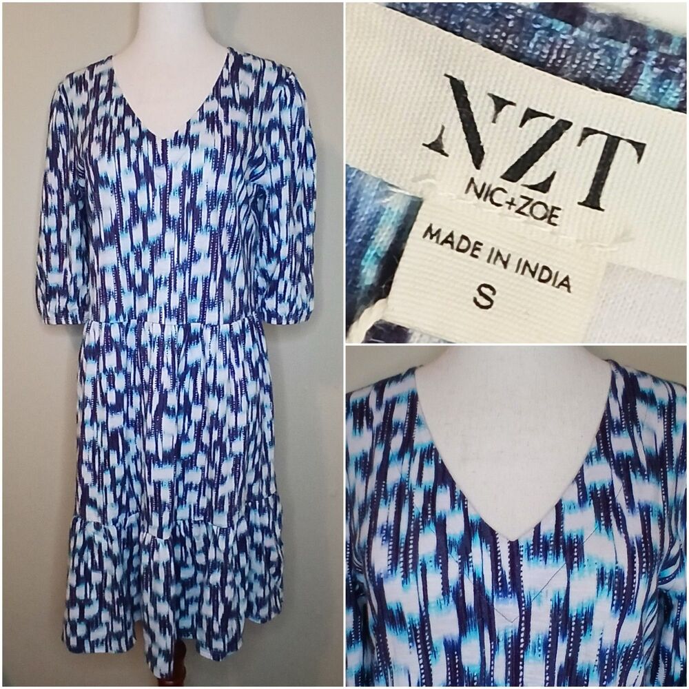 Nic & Zoe Dress Sz S Tiered A-line Midi Cotton Blue Abstract Ikat Print NWT $148